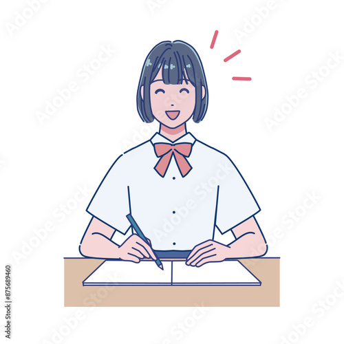 机で勉強するアニメ風の女子生徒