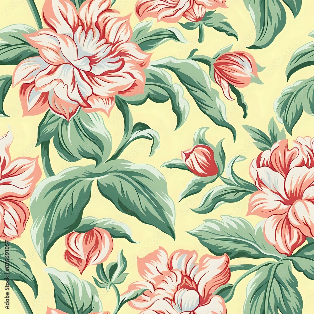 Antique Style Red Flower and Green Leaf Repeat Design Antique Style Red Flower and Green Leaf Repeat Design