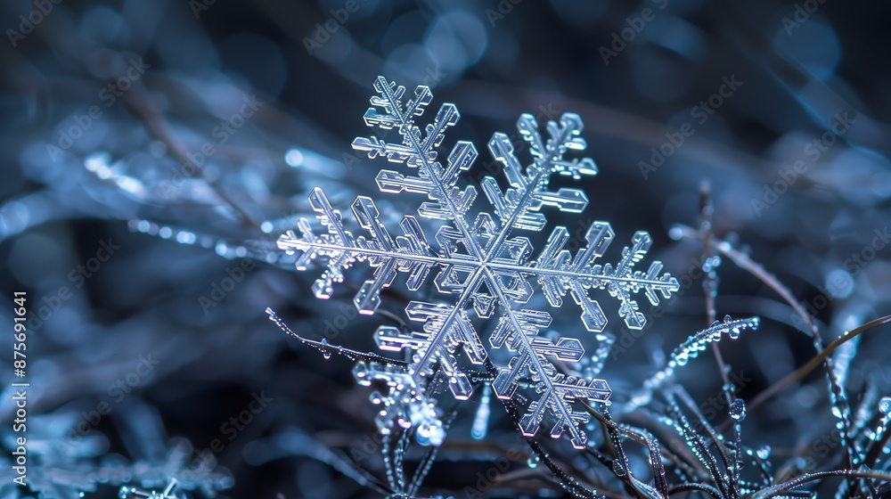 Macro Shot of a Detailed Snowflake on Frosty Branch Macro Shot of a Detailed Snowflake on Frosty Branch