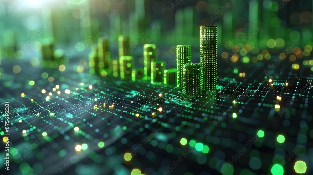 Futuristic cityscape with green glowing skyscrapers, representing digital technology and data visualization in a modern abstract style. Futuristic cityscape with green glowing skyscrapers, representing digital technology and data visualization in a modern abstract style.
