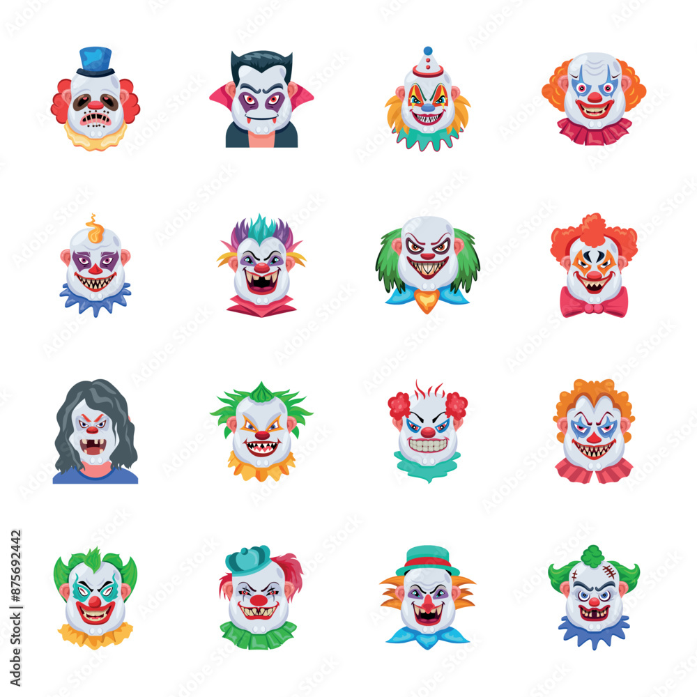 Fototapeta premium Basic RPack of 16 Scary Face Flat VectorsGB