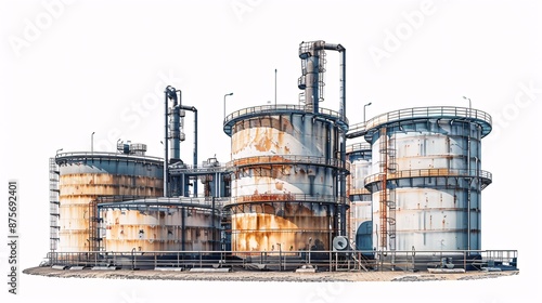 Ultra-high-definition photo of a mineral oil storage tank farm, isolated on a white background, shot with Nikon D850 in 32k UHD, showcasing detailed focus stacking