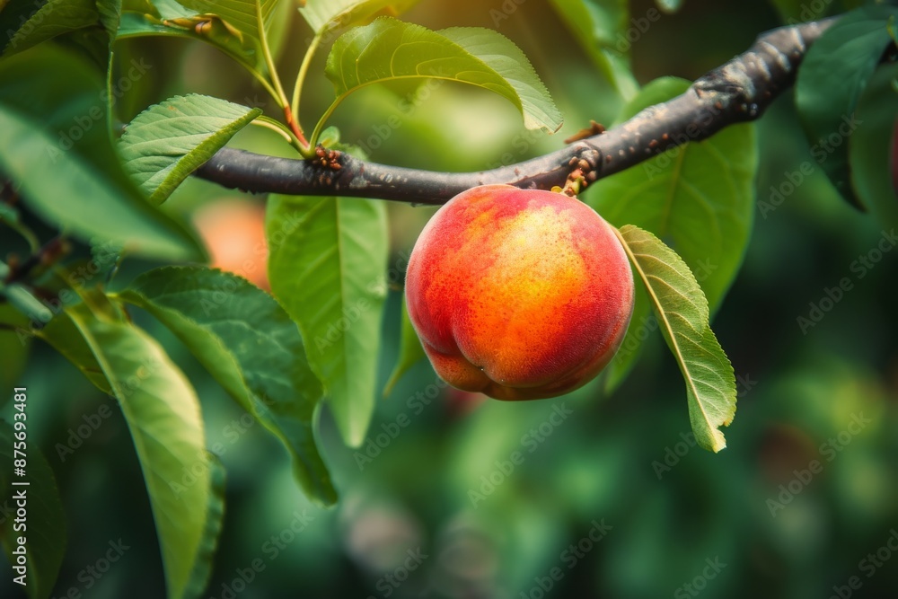 Ripe Peach Hanging from a Branch Ripe Peach Hanging from a Branch