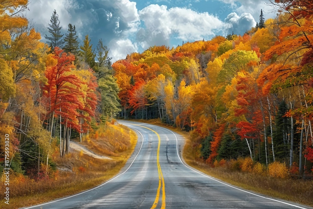 Fototapeta premium Autumn road trip. Highway in beautiful autumn landscape