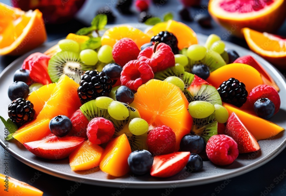 Obraz premium colorful fresh fruit salad vibrant fruits healthy eating concept, plate, delicious, nutritious, diet, variety, juicy, organic, natural, appetizing
