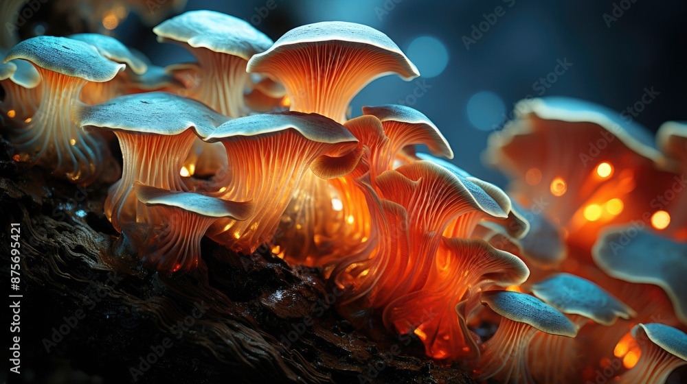 a group of mushrooms growing on a tree stump. a group of mushrooms growing on a tree stump.