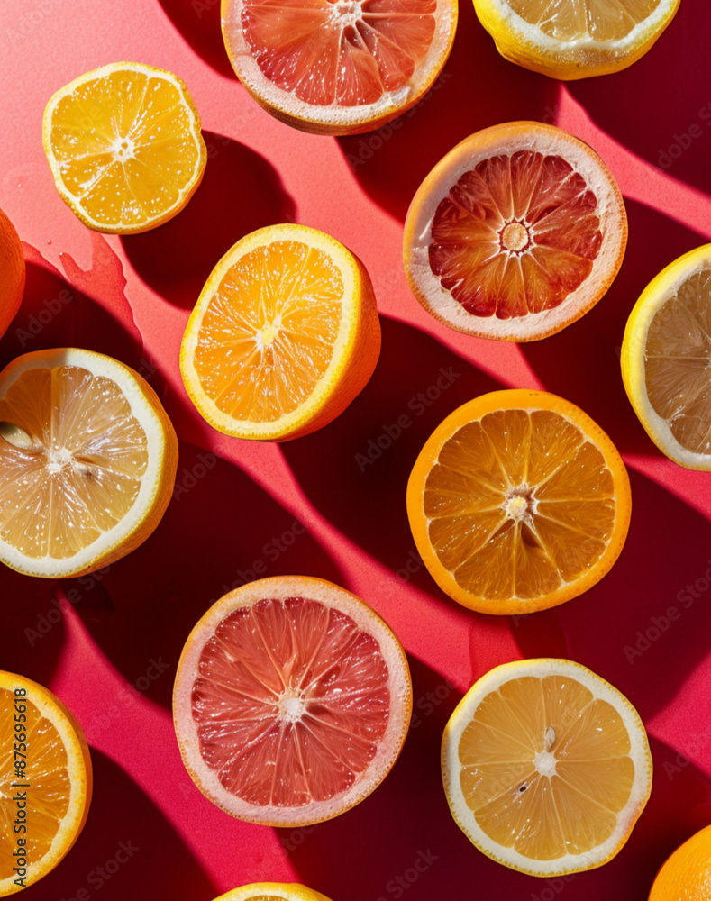 Obraz premium photo of vibrant citrus fruits against a pink background, featuring oranges, lemons, limes, and grapefruits arranged in neat rows, with the center focus on one large red orange.