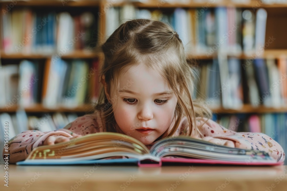 Little Girl Concentrating on a Book in the Library Little Girl Concentrating on a Book in the Library