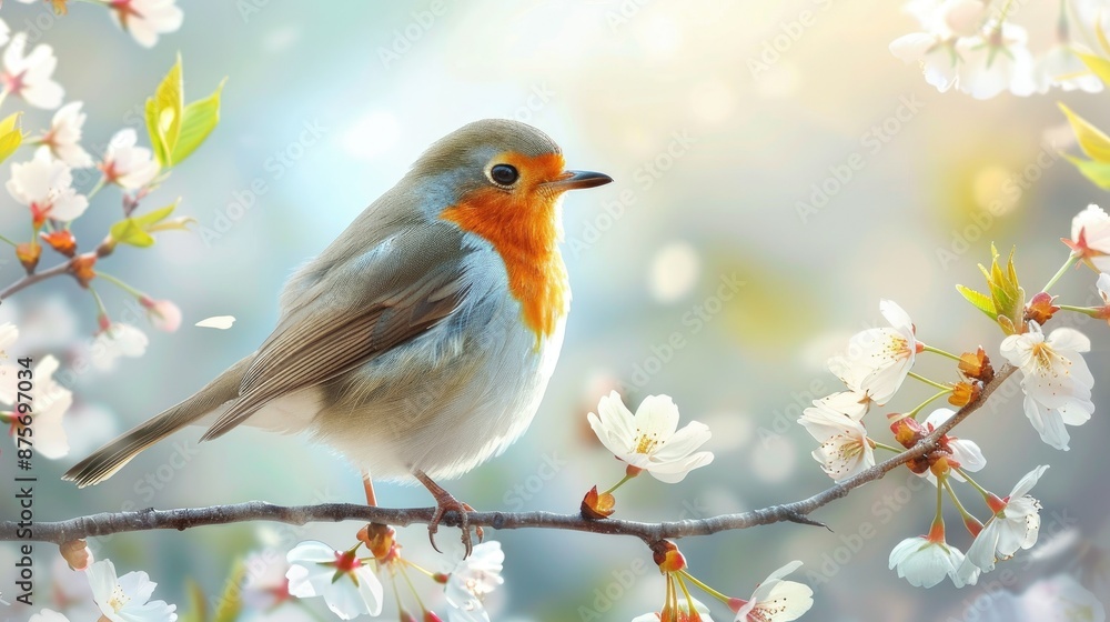 Robin Perched on a Branch of Blossoming Cherry Tree