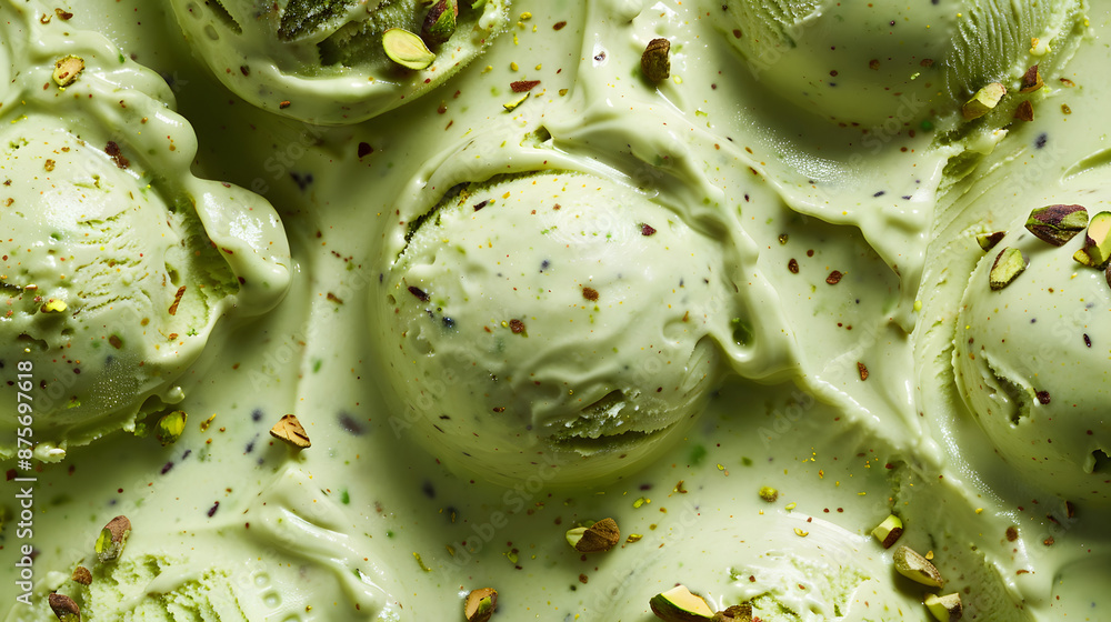 Fototapeta premium Close-up of multiple scoops of pistachio ice cream adorned with small pieces of pistachio nuts. Ideal for highlighting rich, nutty frozen desserts and gourmet food presentations.