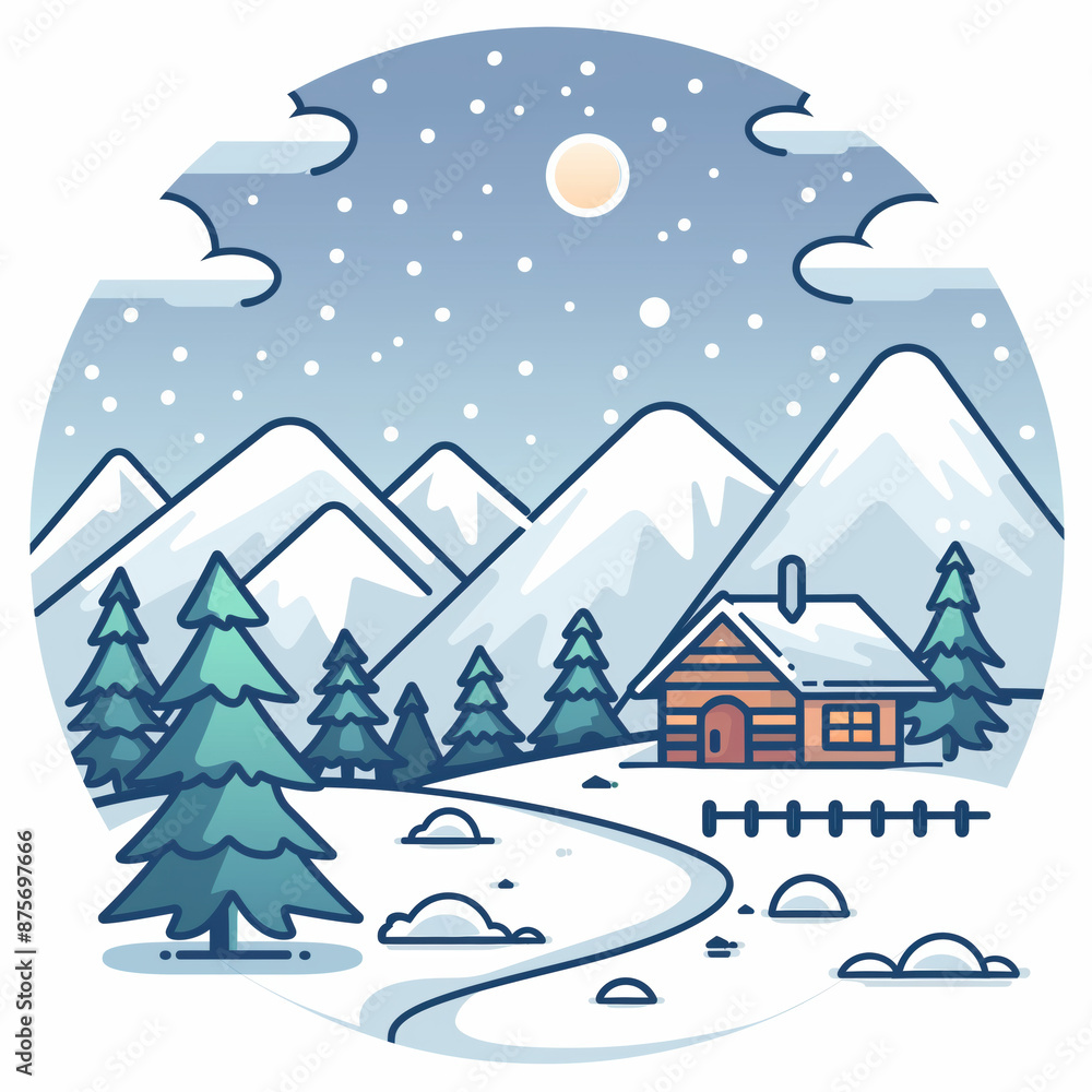 Fototapeta premium Minimalist Winter Landscape Icon Design in Vector Line Art Style