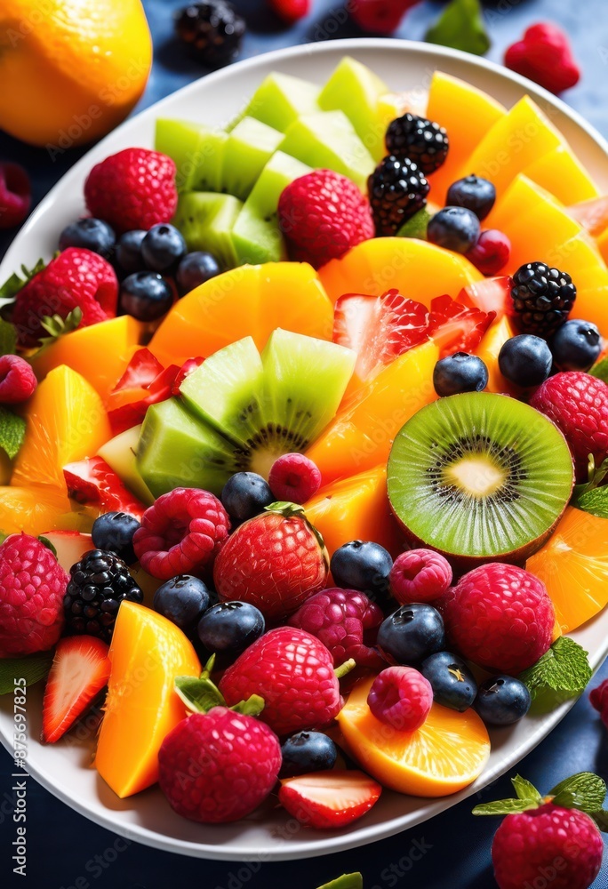 Obraz premium colorful fresh fruit salad vibrant fruits healthy eating concept, plate, delicious, nutritious, diet, variety, juicy, organic, natural, appetizing