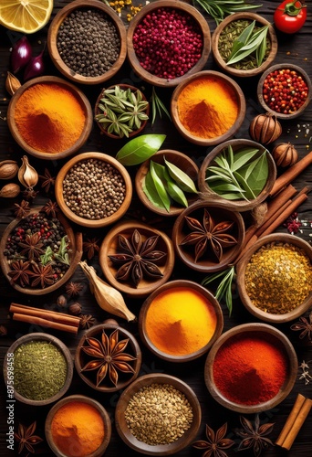 colorful spices herbs scattered food seasoning ingredients spread out, basil, bay, leaf, cardamom, chili, chive, cinnamon, clove, coriander, cumin © Yaroslava