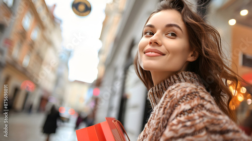 A joyful young woman holding shopping bags, enjoying a day out in a bustling city street.