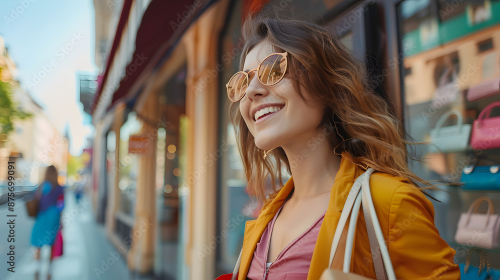 A cheerful young woman wearing yellow sunglasses and carrying shopping bags, enjoying a day out on a lively city street. A cheerful young woman wearing yellow sunglasses and carrying shopping bags, enjoying a day out on a lively city street.