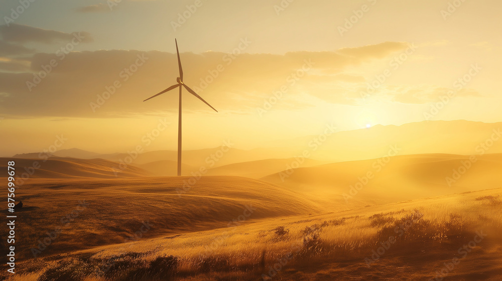 A wind turbine at sunset with a golden sky in the background with copy space A wind turbine at sunset with a golden sky in the background with copy space