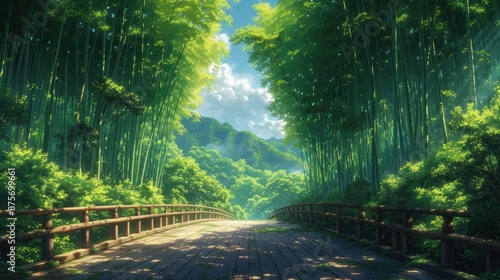 Calming wooden walkway a dense bamboo forest, illustration green landscape