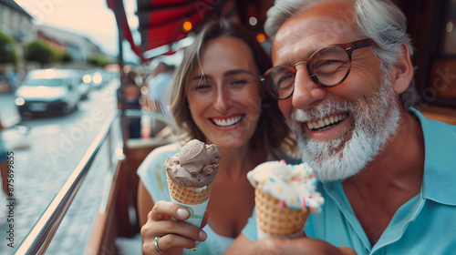 A joyful senior couple, smiling and enjoying ice cream cones at an outdoor café on a bustling city street.