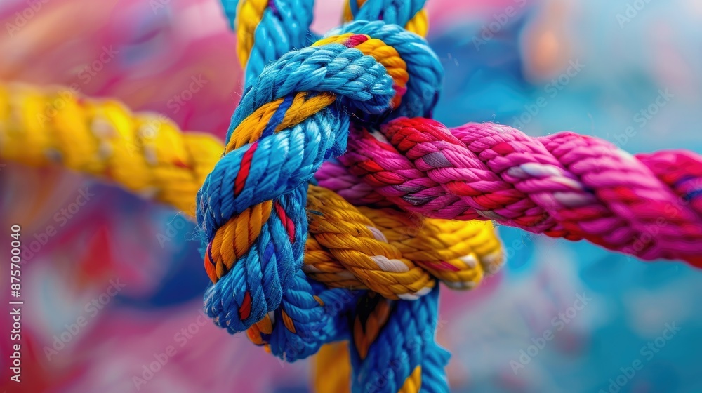 Brightly Colored Ropes Knotted Together Against a Vibrant Background Brightly Colored Ropes Knotted Together Against a Vibrant Background