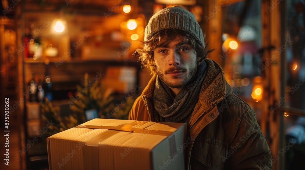 Young Man Holding Package in Cozy Winter Setting - Generative AI Young Man Holding Package in Cozy Winter Setting - Generative AI