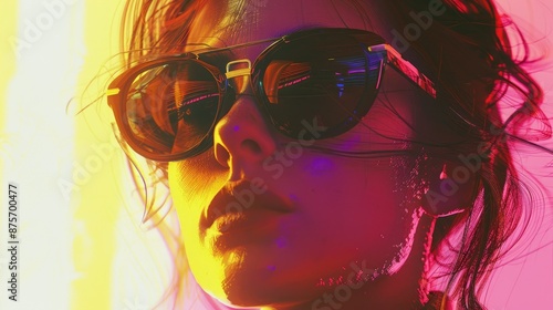 Vibrant Neon Portrait of a Stylish Woman Wearing Sunglasses with Reflective Lenses