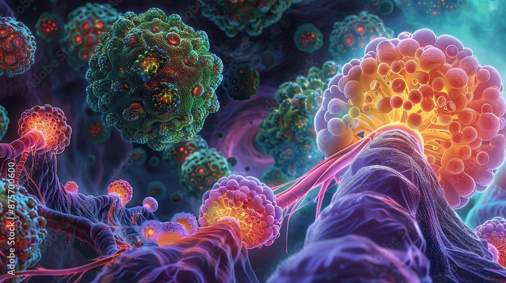 Obraz premium Vibrant and detailed depiction of microscopic cell structures, showcasing complex and colorful forms in a dark background.