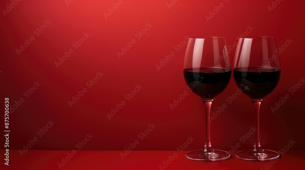 Two Elegant Wine Glasses with Red Wine on Vibrant Red Background Two Elegant Wine Glasses with Red Wine on Vibrant Red Background