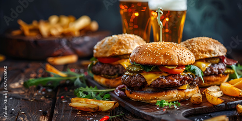 Delicious Homemade Beef Burger with Fries and Beer