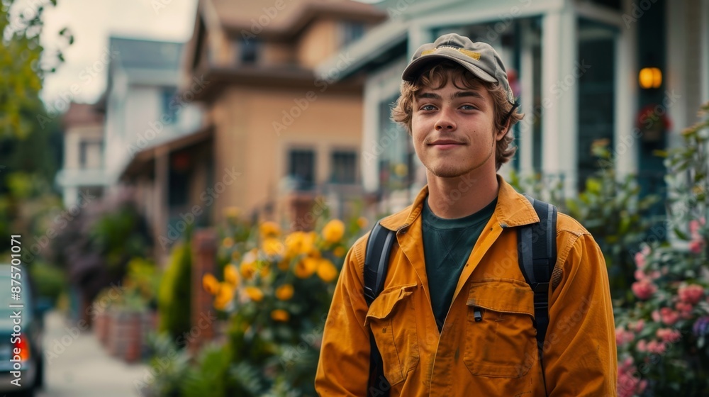 Smiling Young Man on a Residential Street Generative AI Smiling Young Man on a Residential Street Generative AI