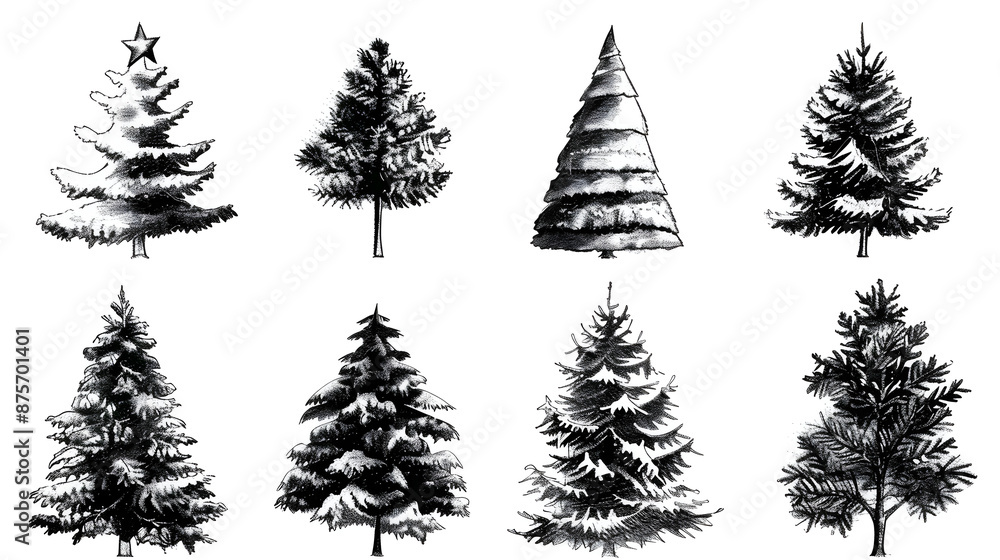 Fototapeta premium A collection of eight detailed black and white illustrations of snow-covered trees, ideal for winter and holiday-themed designs.