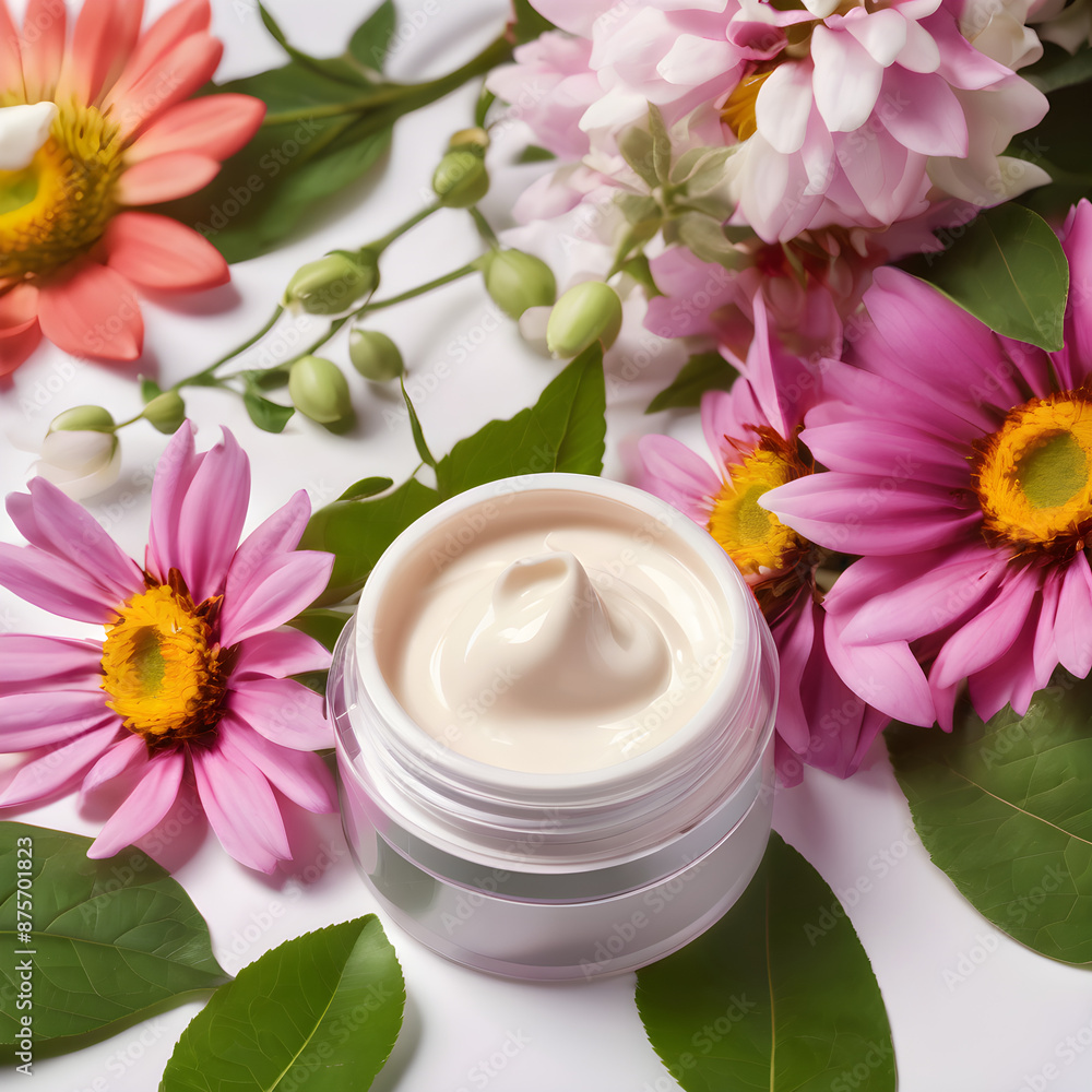 The cosmetic cream surrounded by fresh, vibrant flowers and green leaves, highlighting natural ingredients. The cosmetic cream surrounded by fresh, vibrant flowers and green leaves, highlighting natural ingredients.