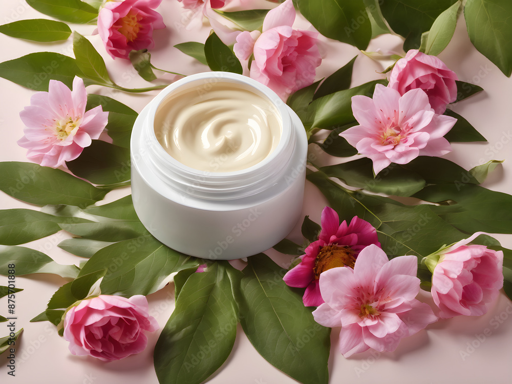 The cosmetic cream surrounded by fresh, vibrant flowers and green leaves, highlighting natural ingredients. The cosmetic cream surrounded by fresh, vibrant flowers and green leaves, highlighting natural ingredients.