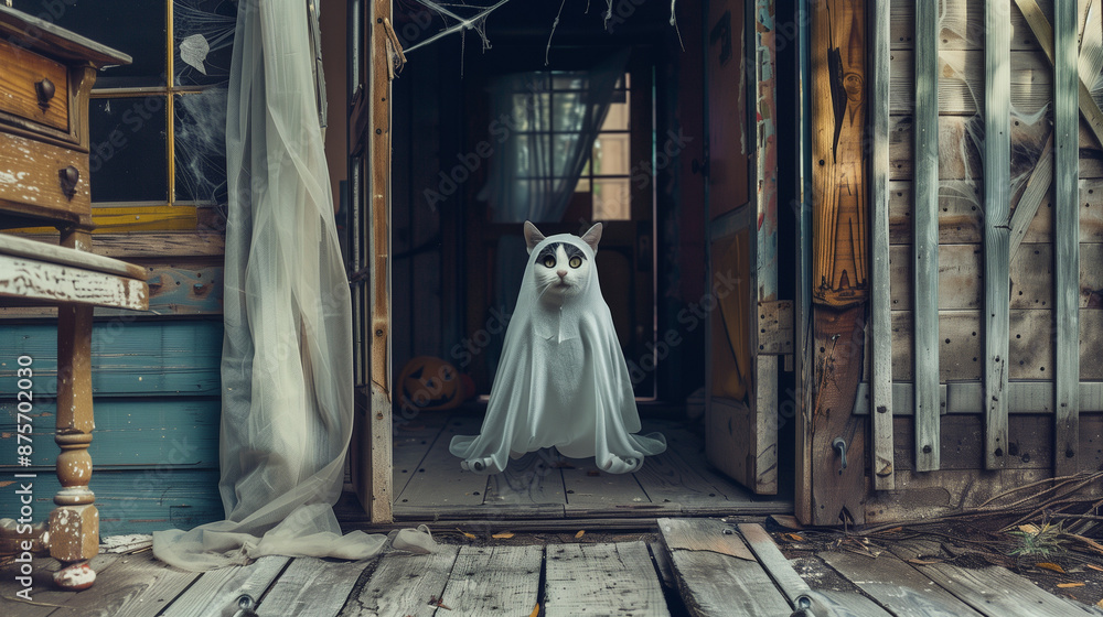 A cat in a ghost costume in a haunted house, spooky atmosphere A cat in a ghost costume in a haunted house, spooky atmosphere
