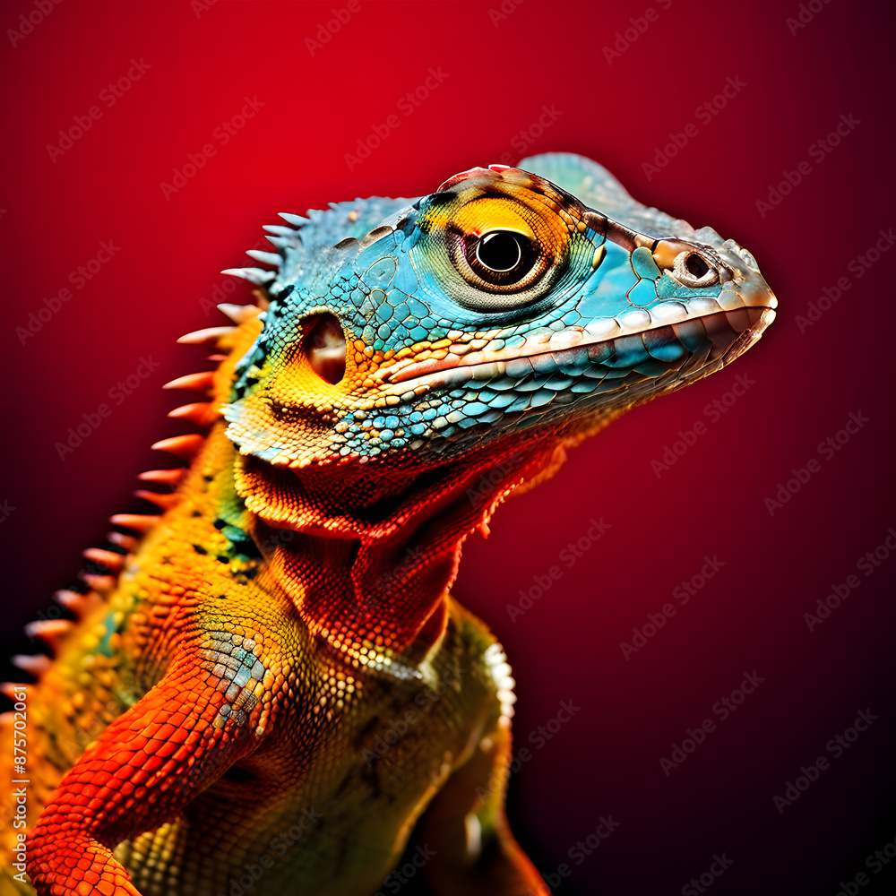 Fototapeta premium green lizard on a red background
