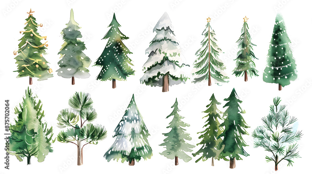 Obraz premium A charming watercolor illustration of various Christmas trees adorned with decorations and snow, capturing the joyful essence of the holiday season.