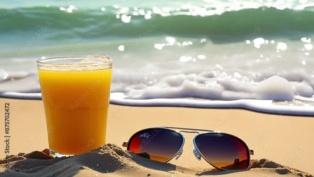 Orange drink glasses in the sand at the beach Orange drink glasses in the sand at the beach