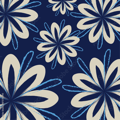 A Japanese seamless pattern of traditional clothes design. Decorative wallpaper. Blue and grey floral textile tropical bicolor flower and leaves miniprint seamless pattern