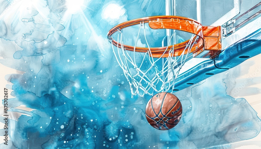 Artistic watercolor illustration of a basketball making a score through the hoop, capturing motion and vibrant colors.
