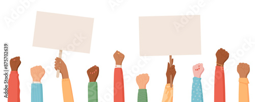 People hold a solidarity fist gesture, a character is holding a support sign, a woman holds a revolution symbol, a rights activist shows up with a protest arm, and a person raises a strength fist.