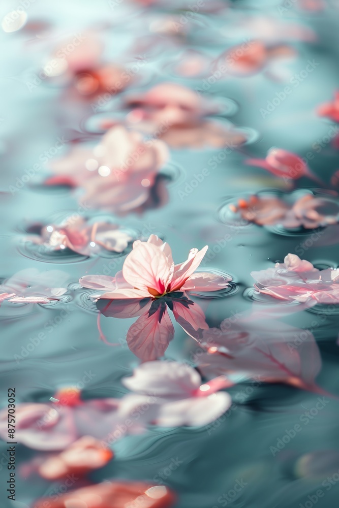 Soft pink petals gently falling and floating on calm blue water. Concept of meditation, anti-stress, contemplation, and slow living. Soft pink petals gently falling and floating on calm blue water. Concept of meditation, anti-stress, contemplation, and slow living.