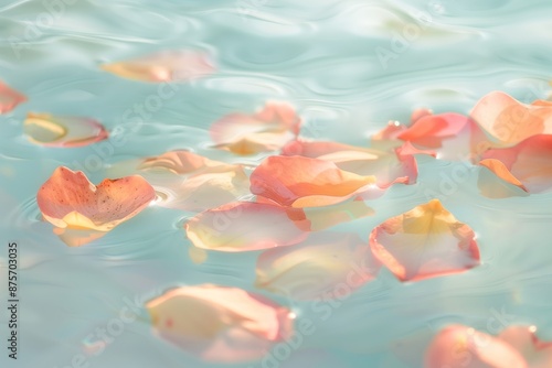 Soft pink petals gently falling and floating on calm blue water. Concept of meditation, anti-stress, contemplation, and slow living.