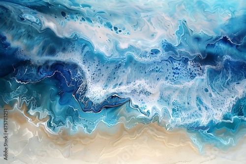 Realistic abstract painting of sand and sea water waves, with beautiful blue and white colors for wall art.