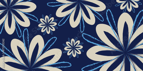 Modern Japanese seamless pattern of traditional clothes design. Decorative wallpaper. Blue and grey floral textile tropical bicolor flower and leaves