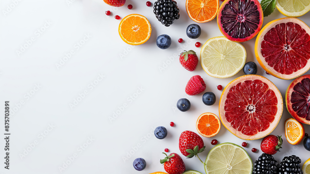 Health benefits, Fresh fruits with vibrant colors on a white background Health benefits, Fresh fruits with vibrant colors on a white background