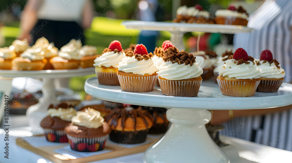 A variety of cupcakes with different toppings are beautifully displayed on stands at an outdoor bake sale, creating a festive and inviting atmosphere. A variety of cupcakes with different toppings are beautifully displayed on stands at an outdoor bake sale, creating a festive and inviting atmosphere.