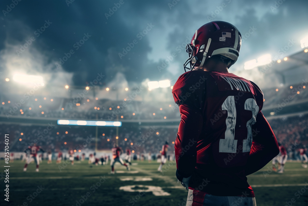 football player in a red jersey stands on a field. The player is looking off into the distance, possibly watching the game or waiting for his turn to play football player in a red jersey stands on a field. The player is looking off into the distance, possibly watching the game or waiting for his turn to play