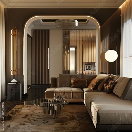 Modern living room with elegant art deco interior design, creating a sophisticated home ambiance with luxurious decor elements
