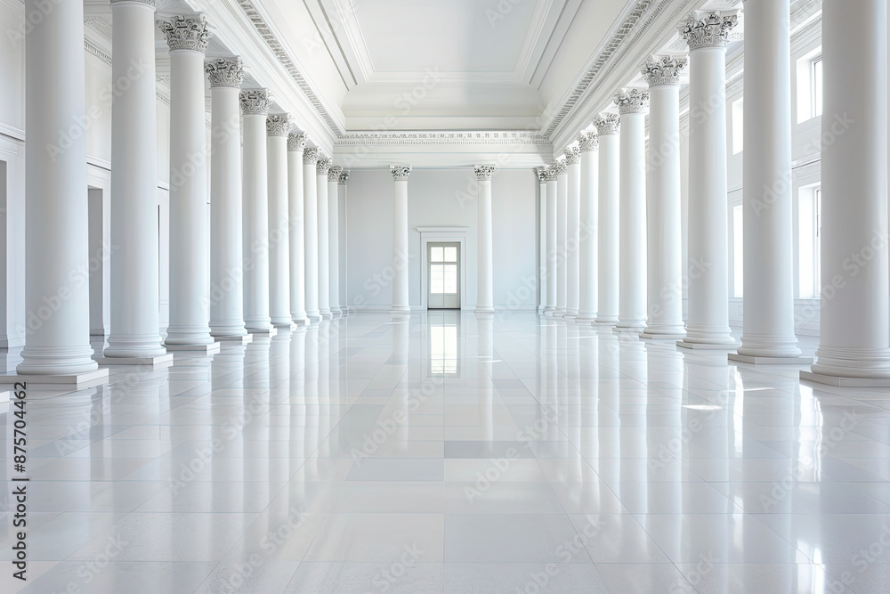 The image shows a long, white hallway with columns on either side The image shows a long, white hallway with columns on either side