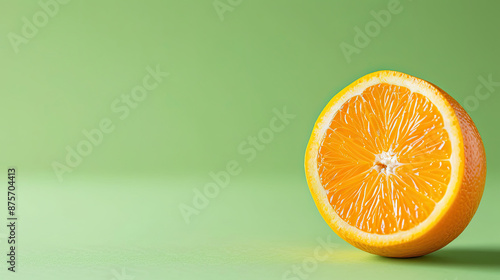 Half of juicy orange isolated on green background. photo