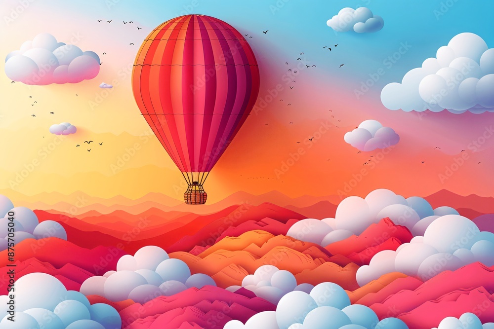 Fototapeta premium Hot Air Balloon Soaring Over a Papercraft Mountain Range